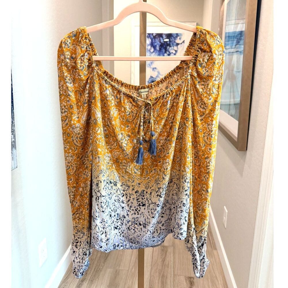 Democracy Boho Floral Ombre Peasant Blouse Small Tassel Tie Puff Sleeve